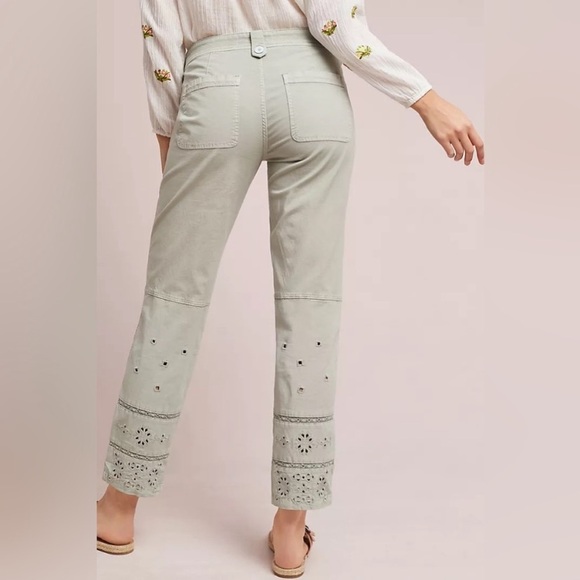 Anthropologie Eyelet Wanderer Utility Cotton Blend Pants Light Mint Green Sz 30 - Picture 13 of 14